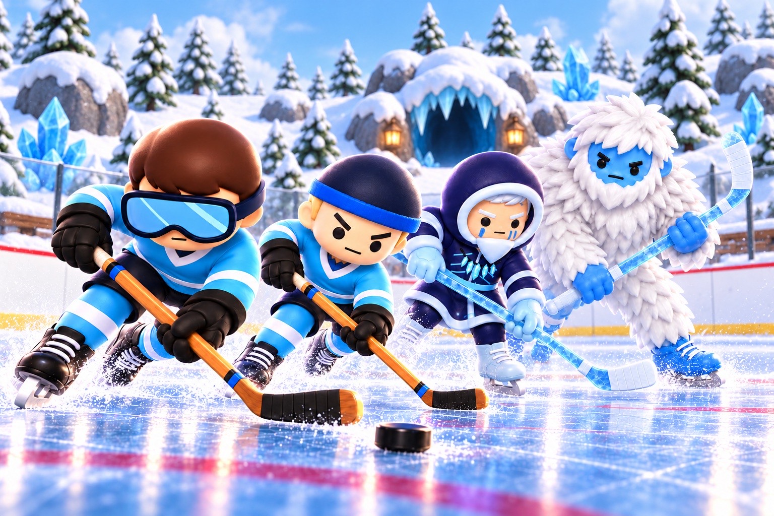 Rink Rush players racing for the puck in front of the Yeti's crystal cave